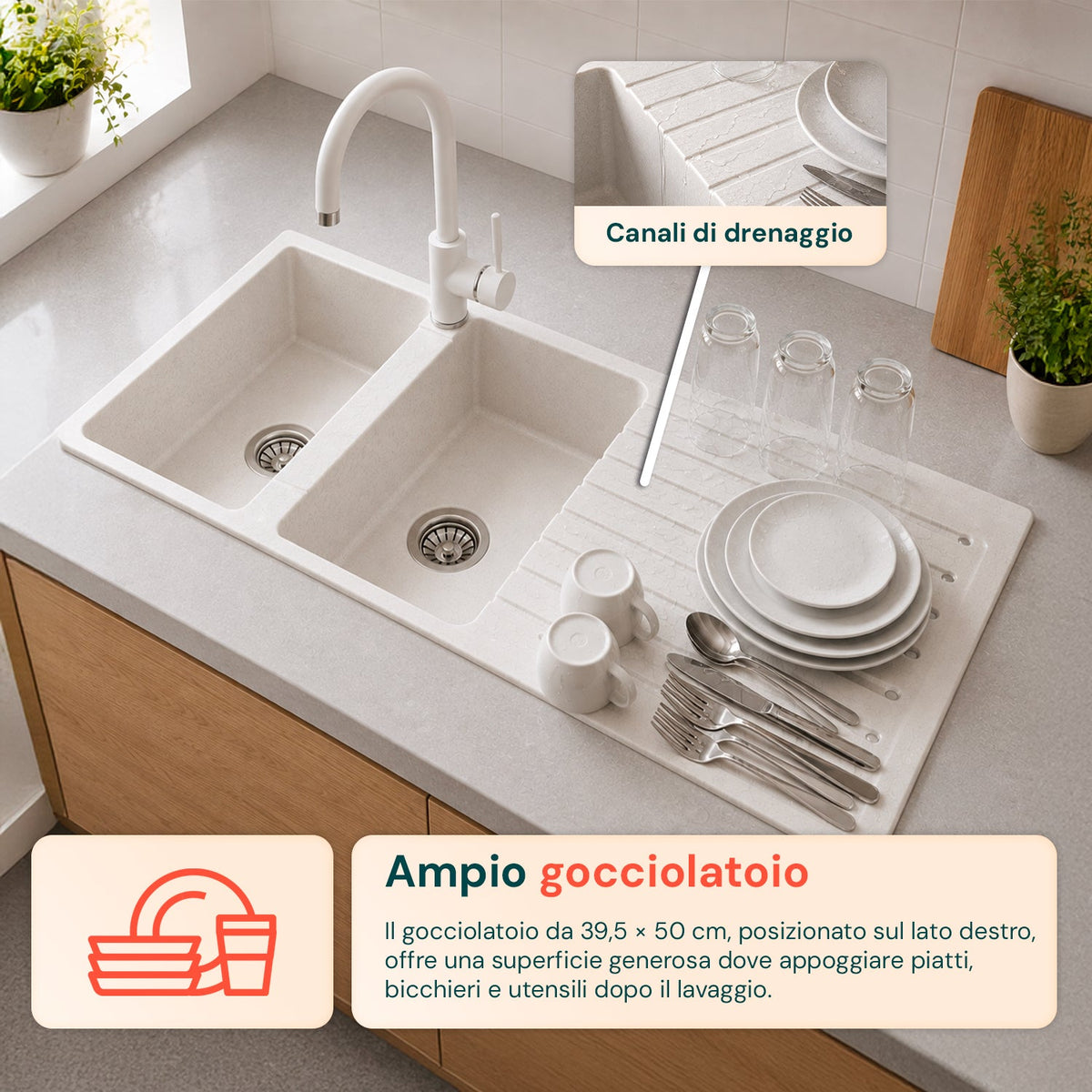 Lavello cucina a due vasche con o senza gocciolatoio, bianco o nero, rubinetto incluso