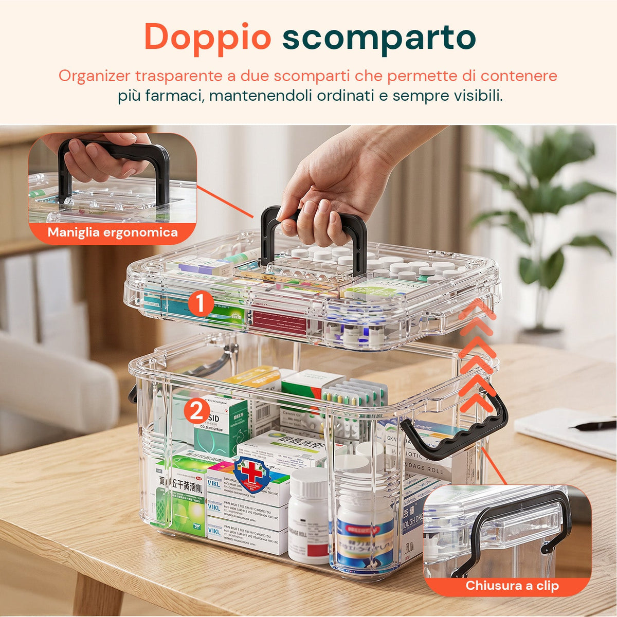 Organizer per Farmaci Trasparente a 2 Livelli con Maniglia e Chiusura a Clip -  8 Scomparti Superiori 23,5x17x13,5 cm