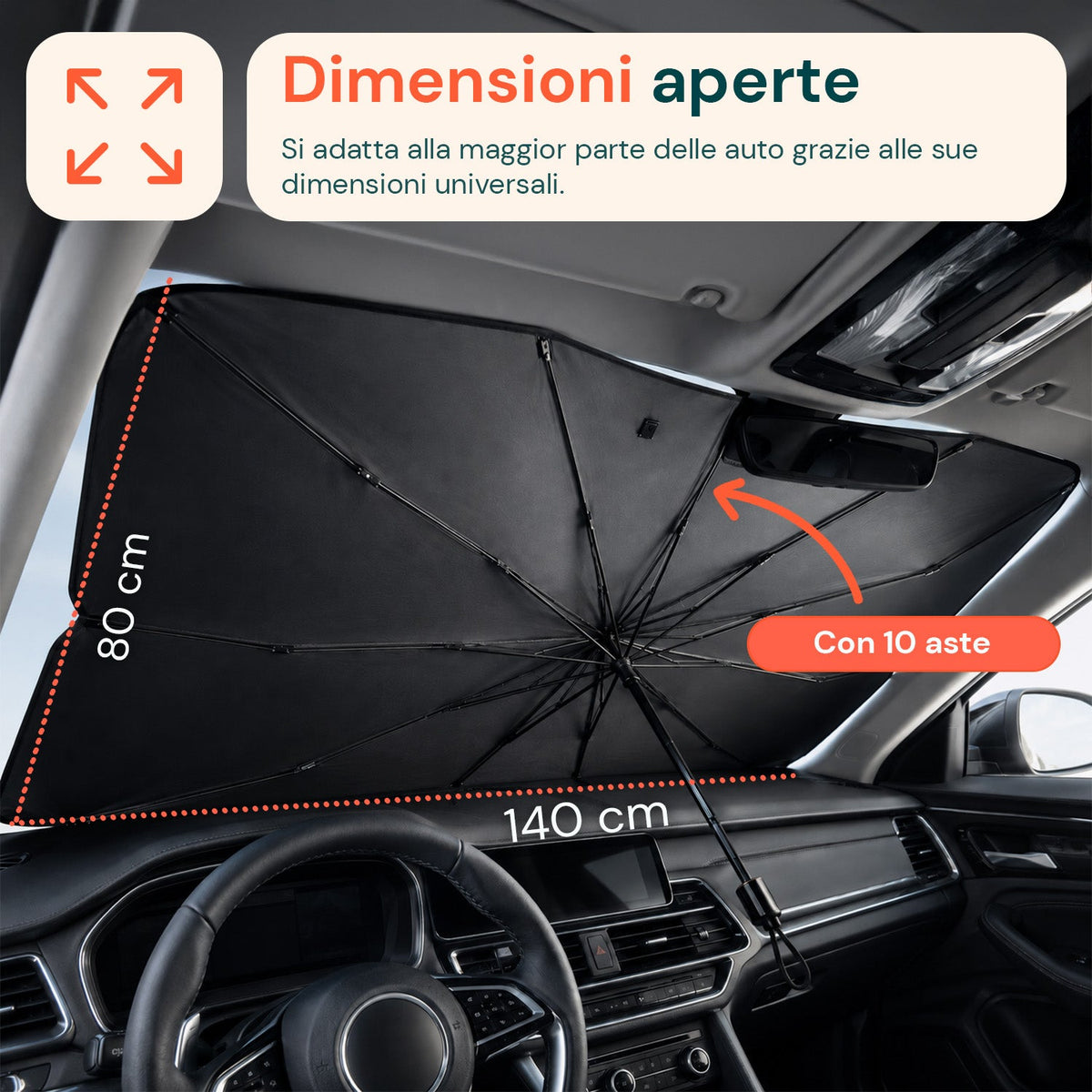 Parasole per Auto a Ombrello – Protezione Raggi UV Universale – Dimensioni 140x80cm – Struttura a 10 Aste in Ferro e Tessuto 170T – Pieghevole con Custodia Salvaspazio – Raffresca Abitacolo