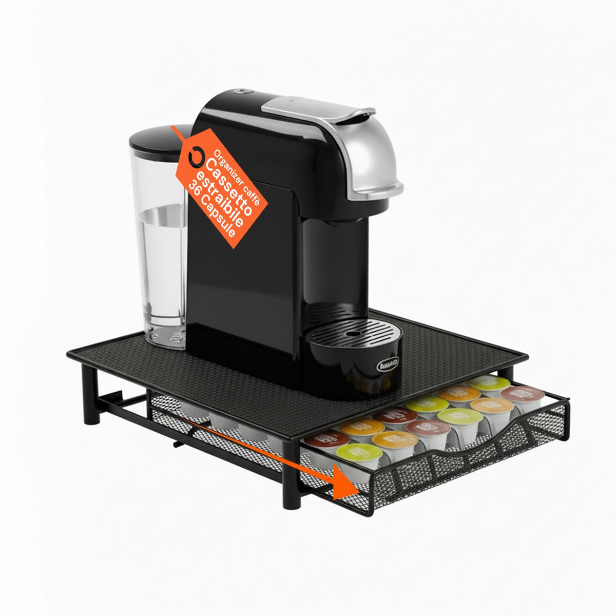 Porta Capsule Caffè 36 Posti con Cassetto Estraibile in Metallo e Base Antiscivolo