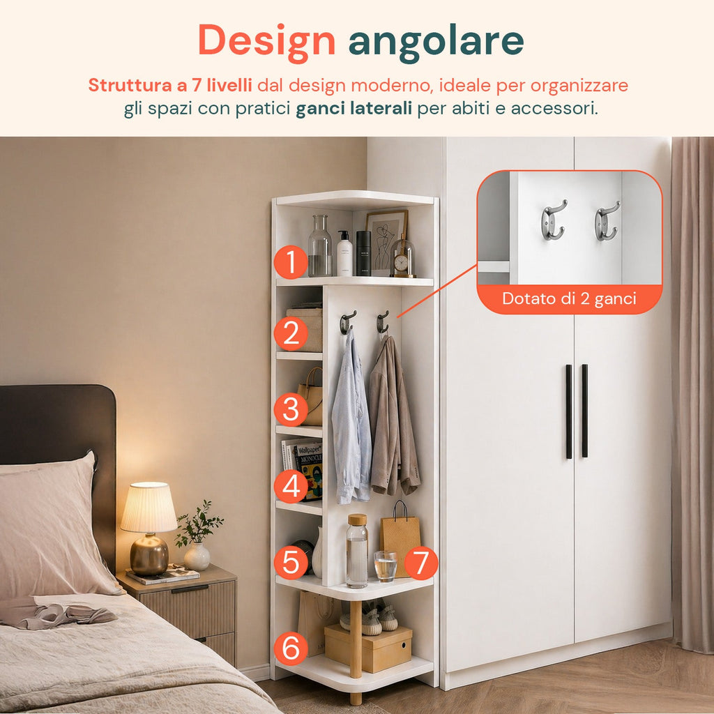 Scaffale Angolare in MDF Bianco a 7 Ripiani 180x30x30 cm – ad Alta Portata