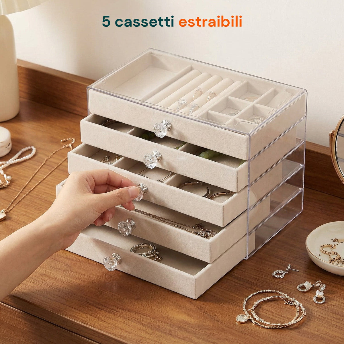 Scatola Portagioie 5 Cassetti Organizer Gioielli con Scomparti Multimisura