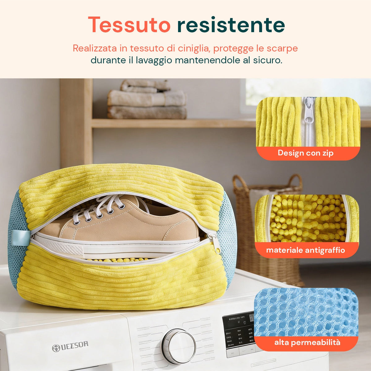 Set di 2 sacchi in ciniglia per lavatrice e asciugatrice per scarpe e capi delicati 30x20x15 cm
