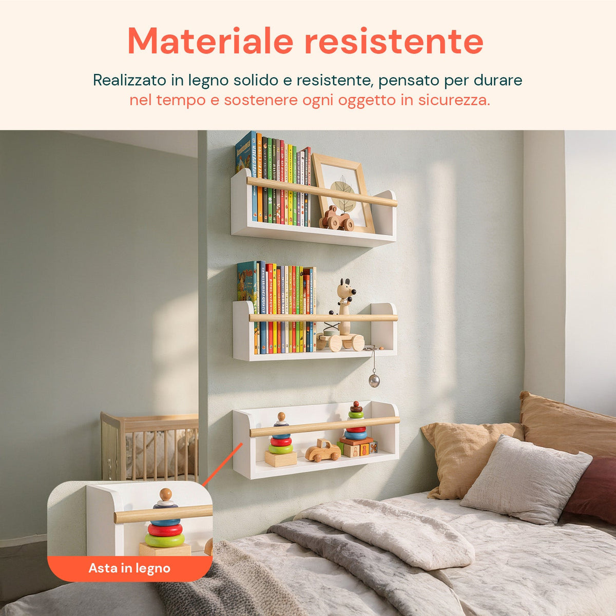Set di 3 mensole da parete multiuso in legno resistente 40x12 cm - Portata 3 kg