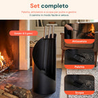 Set 4 Accessori per Camino in Ferro: Paletta, Scopino, Attizzatoio e Supporto – Resistente al Calore e con Ganci Interni