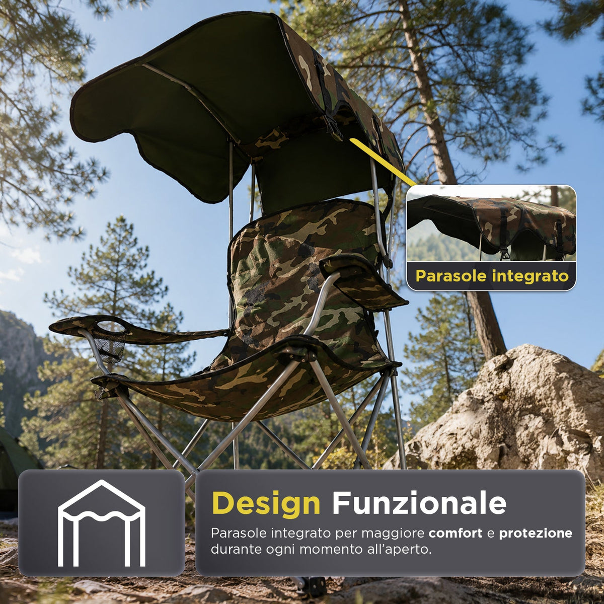 Sedia da Campeggio Pieghevole con Tettuccio Parasole – Struttura in Acciaio al Carbonio Portata 120kg – Tessuto Oxford Resistente – Dimensioni 53x77x130cm – Salvaspazio con Custodia