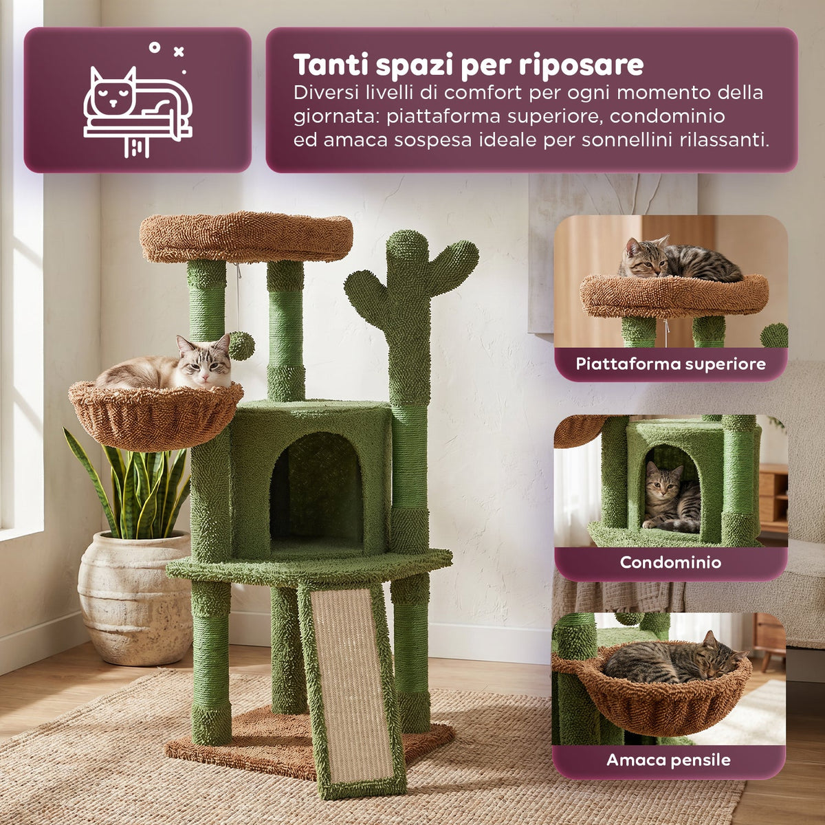 Tiragraffi per Gatti a Forma di Cactus 106,5 cm - in Sisal Naturale con Casetta, Cuccia a Cestino e Pallina Gioco