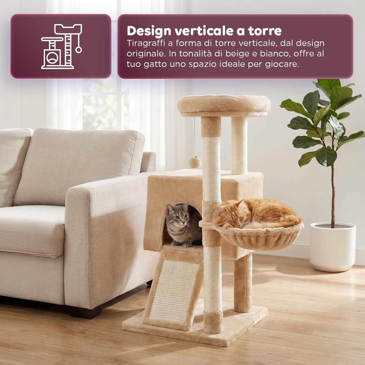 Albero Tiragraffi Multilivello per Gatti h 87 cm in Sisal con Amaca, Piattaforme e Gioco a Pallina - 45x40 cm