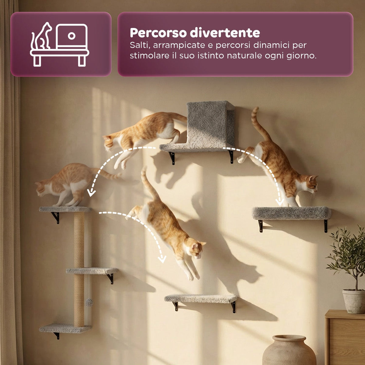 Parco Giochi Verticale da Parete per Gatti - in Legno Multistrato e Sisal Naturale