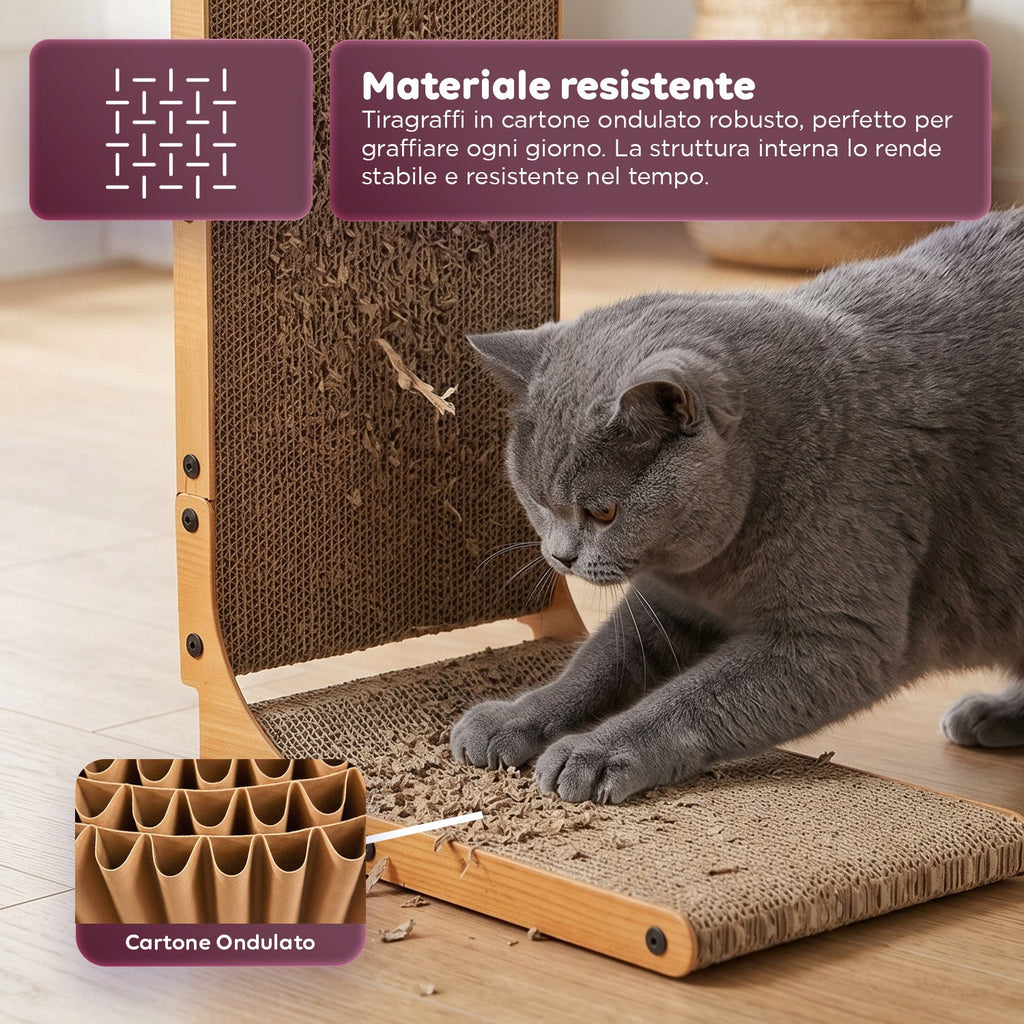 Tiragraffi per Gatti a Forma di L Altezza 68 cm in Carta Ondulata Resistente e Legno MDF – con Gioco a Pallina Integrato