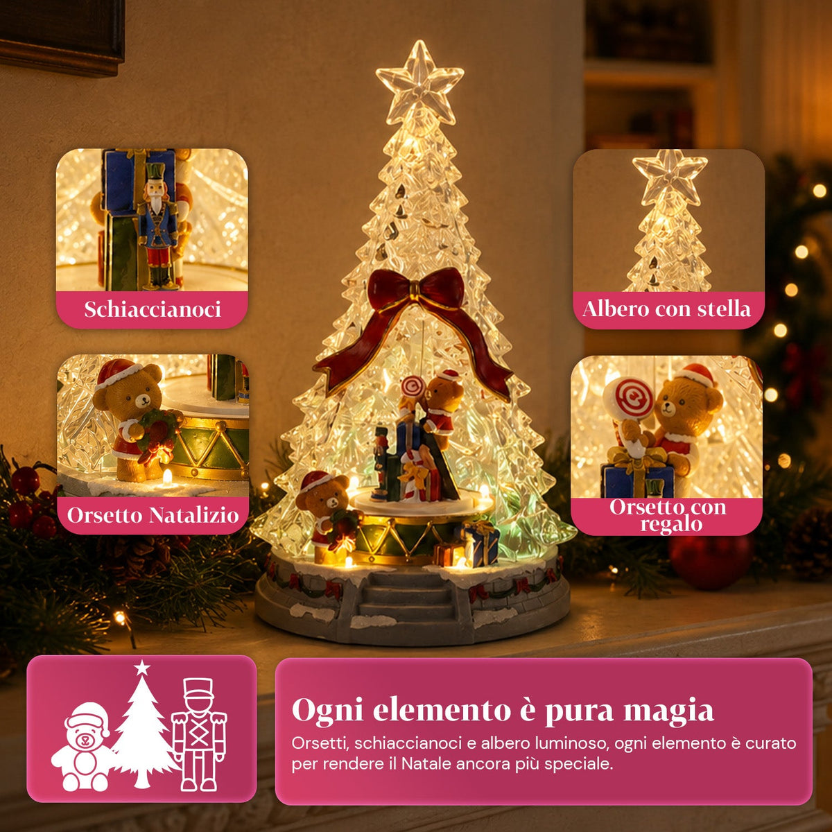 Albero di Natale luminoso JoyTree con musica e animazione a 360°, luci LED, scena con orsetti e schiaccianoci, doppia alimentazione USB, 32,5 cm