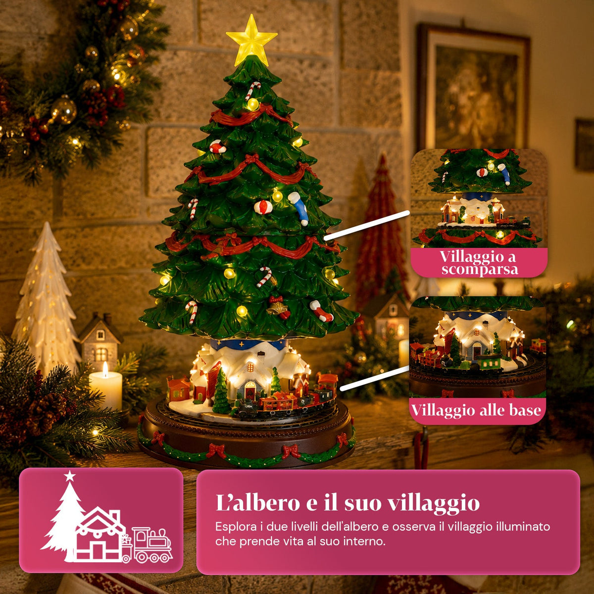Albero di Natale Luminoso SpinPine 45,5 cm con Villaggio e Trenino Rotante, Luci LED Bianco Caldo, Musica Natalizia, Alimentazione USB o a Batterie