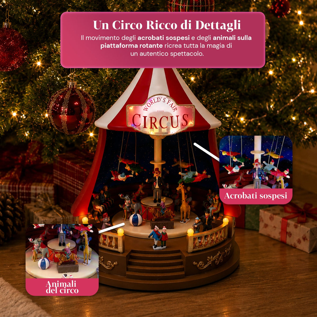 Carillon Natalizio Animato CircoJoy con Luci LED e Musica, Tendone Circo Ø34 x A44 cm in Plastica, Scena Rotante, Alimentazione USB o a Batterie
