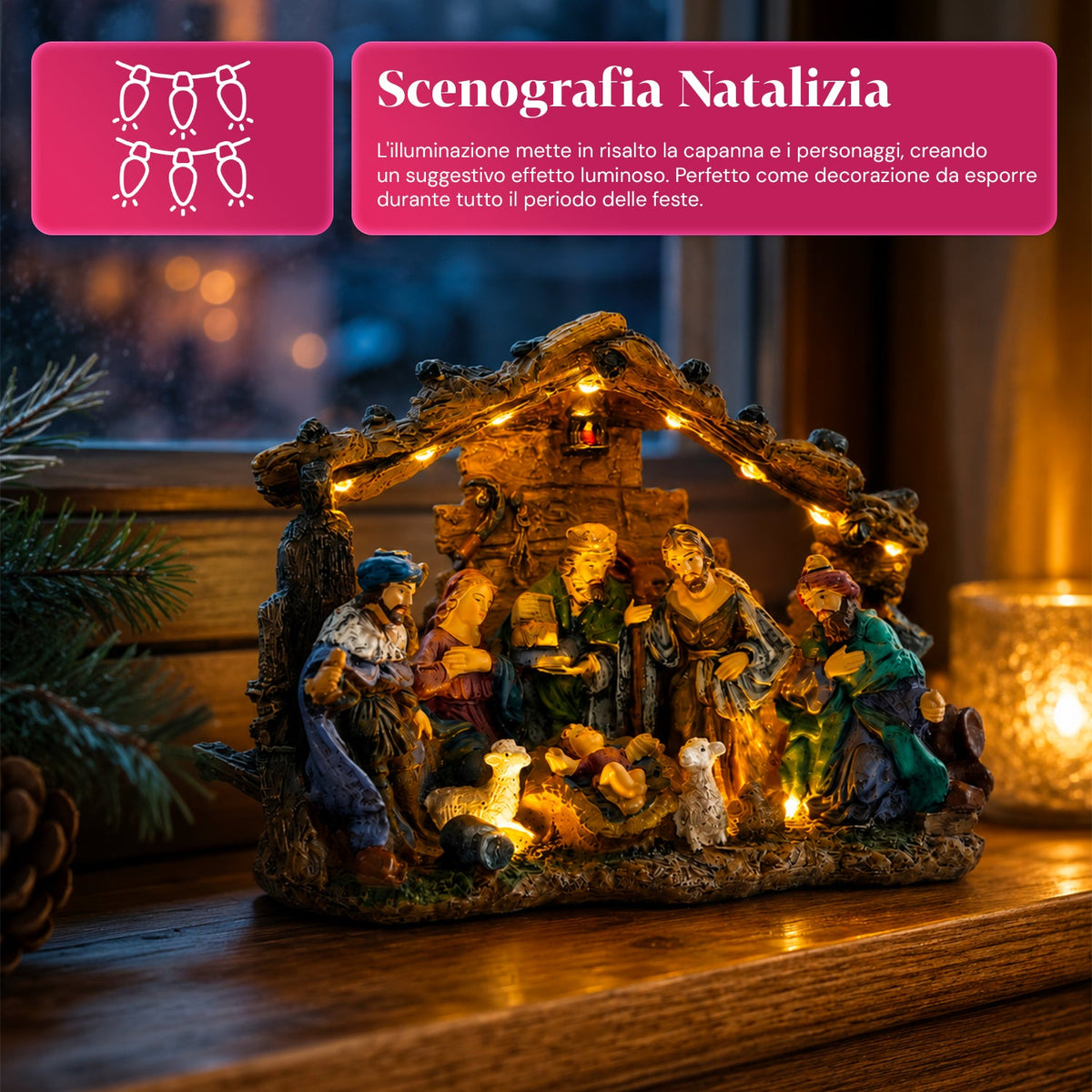 HolyGlow Presepe Natività in Poliresina con Luci LED e Interruttore ON/OFF, Capanna Rustica e Base Stabile, 23x11,5x17 cm