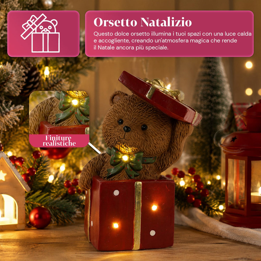 Orsetto natalizio in poliresina con pacco regalo, 2 varianti, luci LED a punti, alimentazione a batterie, finiture curate, base stabile