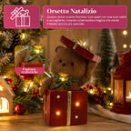 Orsetto natalizio in poliresina con pacco regalo, 2 varianti, luci LED a punti, alimentazione a batterie, finiture curate, base stabile