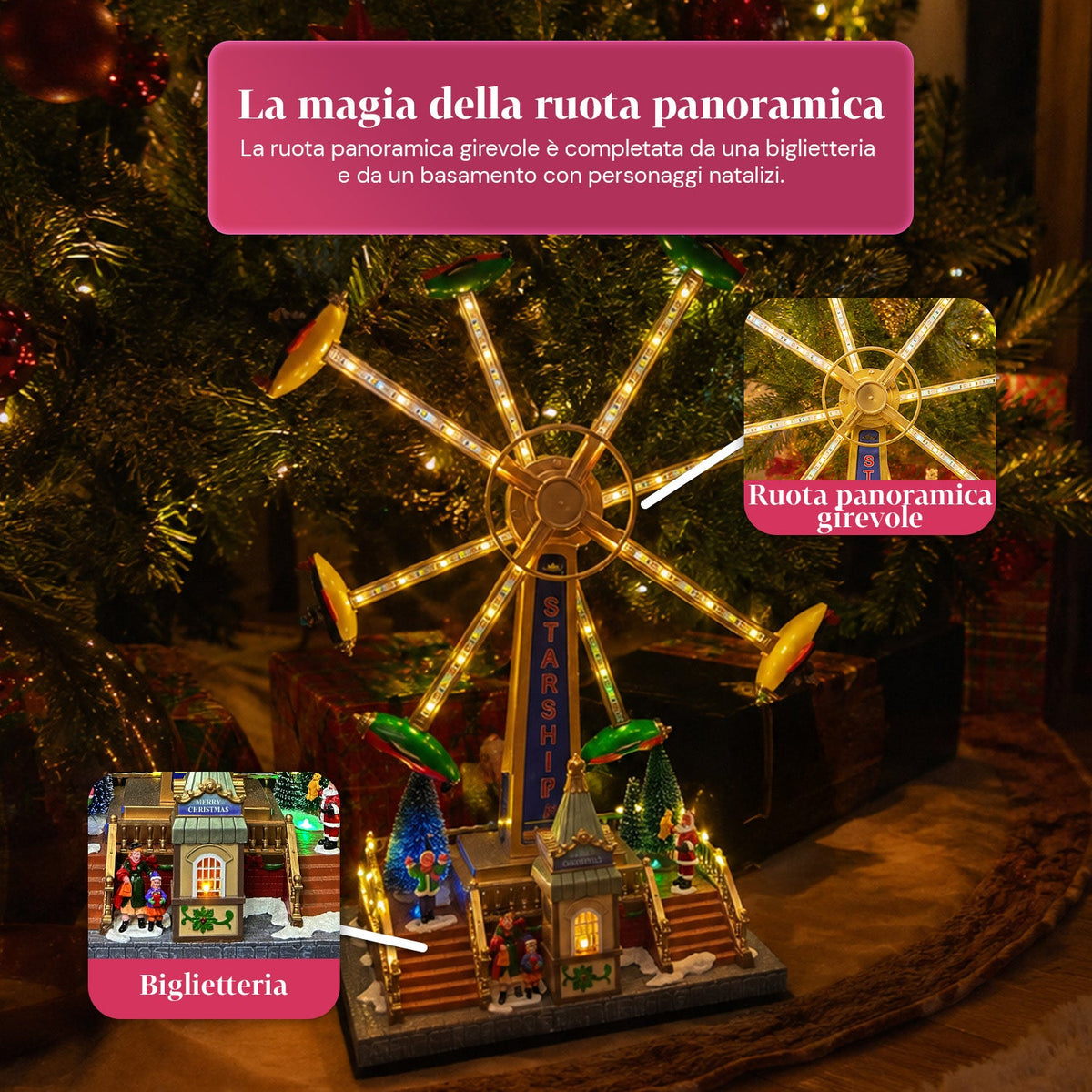 Ruota Panoramica Natalizia SkyWheel con Luci LED, Melodie e Doppia Rotazione, Villaggio con Biglietteria e Personaggi, 47,7 cm