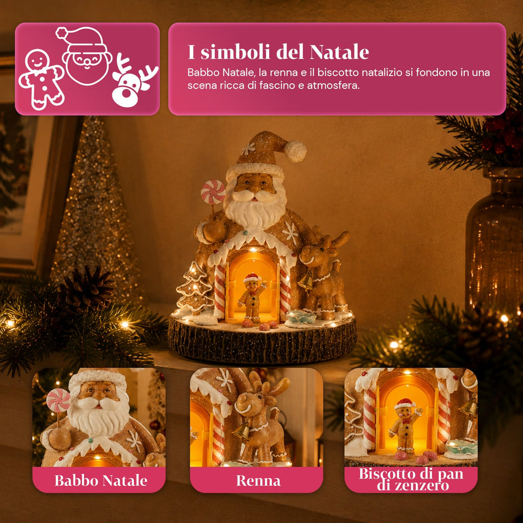 Babbo Natale Pan di Zenzero - Decorazione Natalizia Babbo Natale Pan di Zenzero con Luci LED, Musica e Porta Apribile, Casetta Luminosa in Resina 20,6 cm