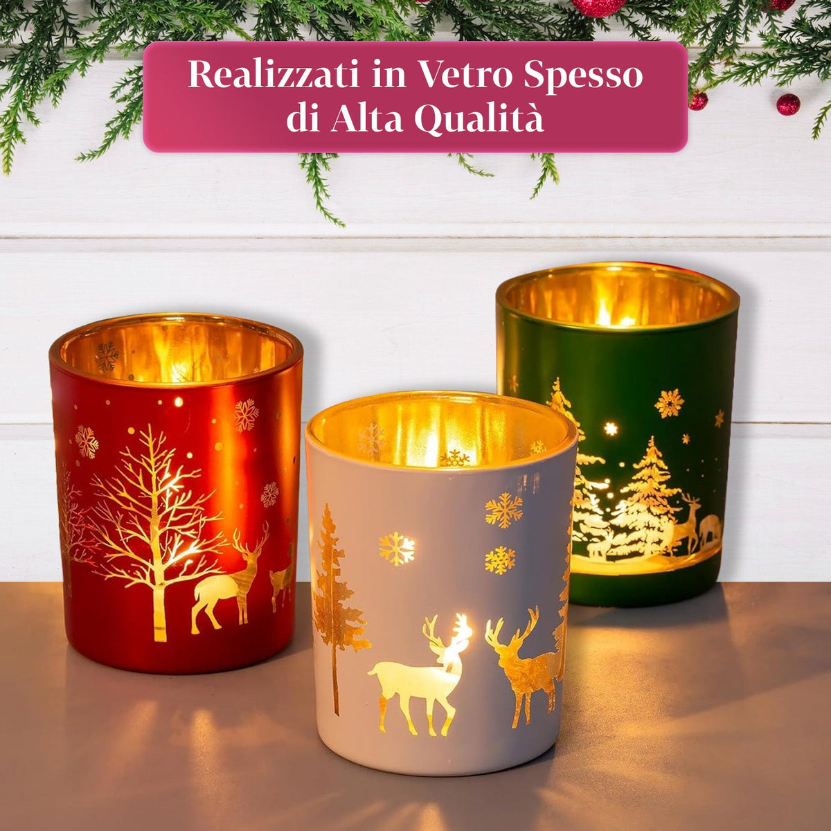 Set di 3  Portacandele Decorativi in Edizione Limitata Natalizia in Vetro