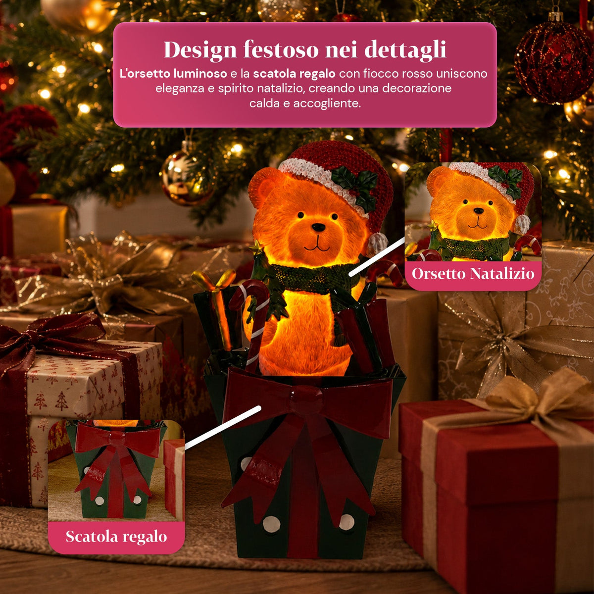 Teddy BearGift, orsetto natalizio luminoso in confezione regalo, luce LED calda, dimensioni 15x15x25,5 cm, alimentazione a batterie