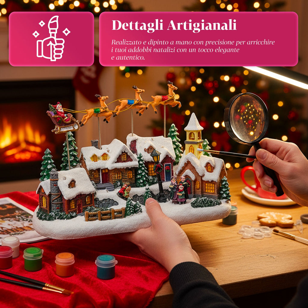 Villaggio di Natale Animato Frostvale con Luci LED, Musica e Slitta in Movimento