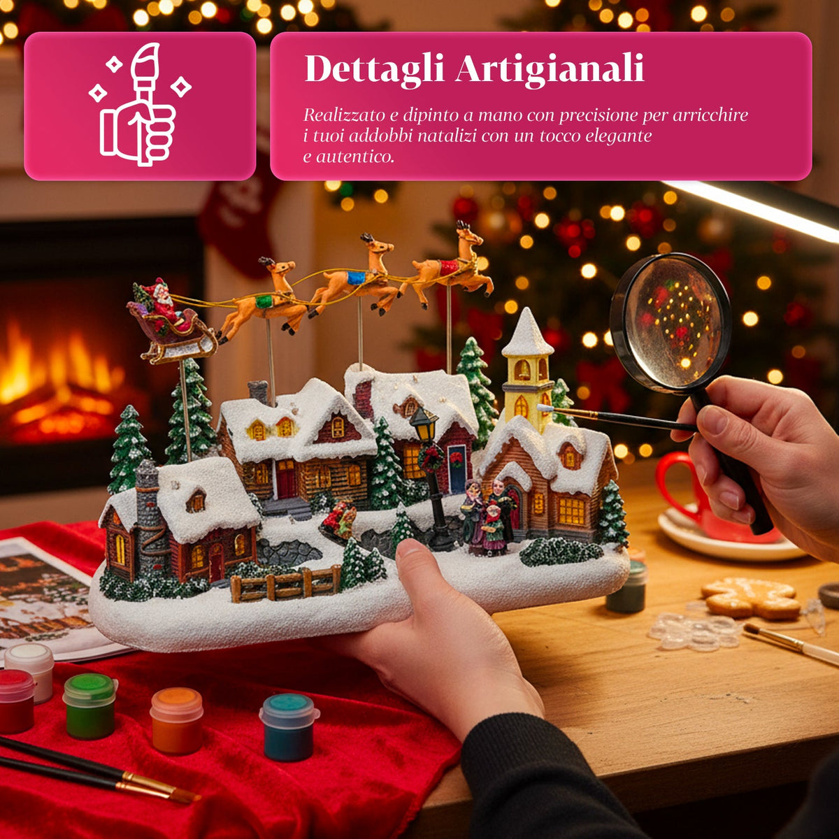 Villaggio di Natale Animato Frostvale con Luci LED, Musica e Slitta in Movimento