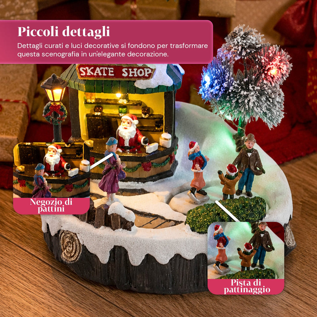 Villaggio di Natale luminoso GlideRink, pista di pattinaggio animata con musica e luci LED, decorazione in resina 20,8x20,7x17,2 cm, a batterie AA