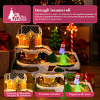 Villaggio Natalizio Luminoso Candy Town con Trenino in Movimento e 8 Melodie, Casetta Pan di Zenzero LED, Decorazione Natalizia 23,5 cm
