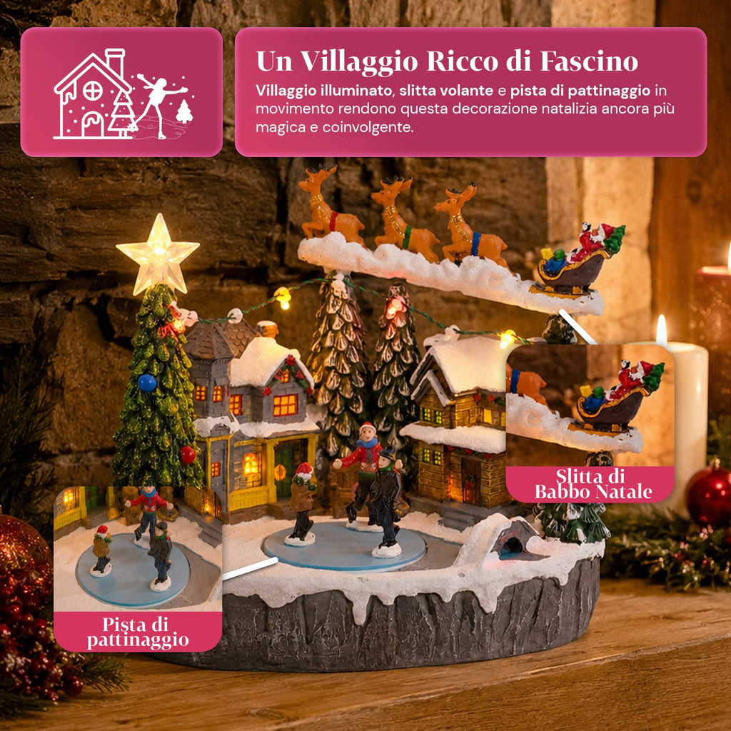 Villaggio Natalizio Luminoso Snowtime con Pista di Pattinaggio Animata, Luci LED e Musica, Slitta di Babbo Natale, Poliresina 21,5x15,8x22,5 cm