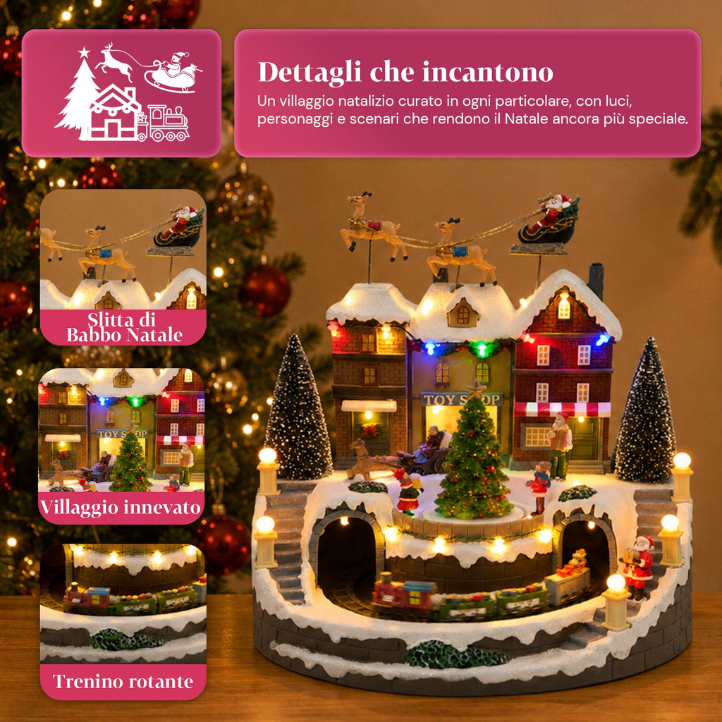 Villaggio Natalizio Luminoso Xmas Town a Batteria con Luci LED, Musica, Albero Rotante, Trenino in Movimento e Slitta di Babbo Natale, 27x25x34 cm