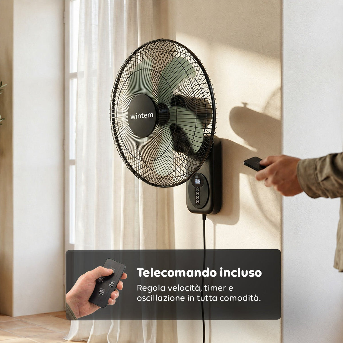 Barrow Ventilatore da Parete Nero 40cm 60W - 8 Velocità con Telecomando e Timer 9h - Oscillazione 120° e Inclinazione 30°