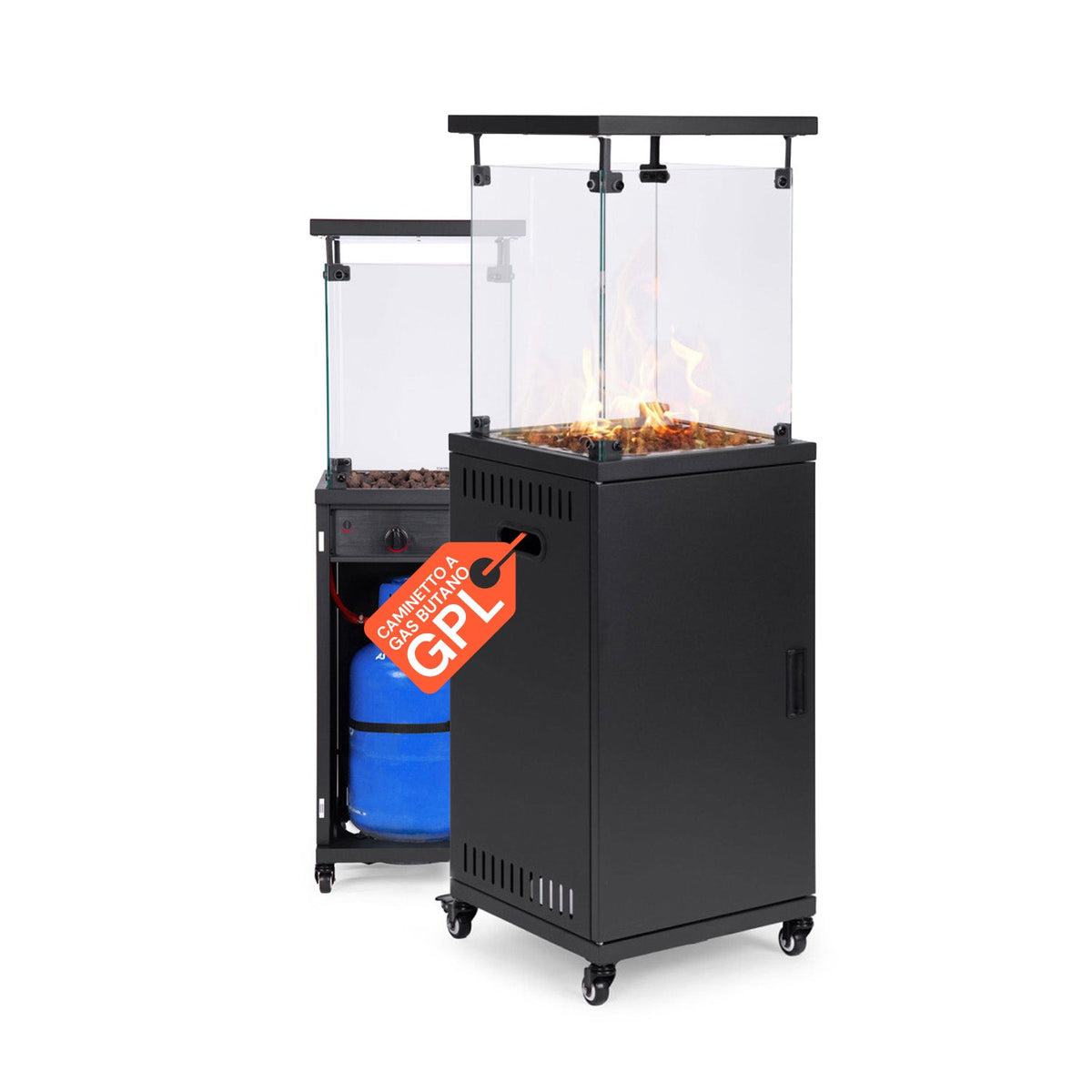Caminetto a Gas da Esterno con Roccia Lavica e Ruote – 12kW