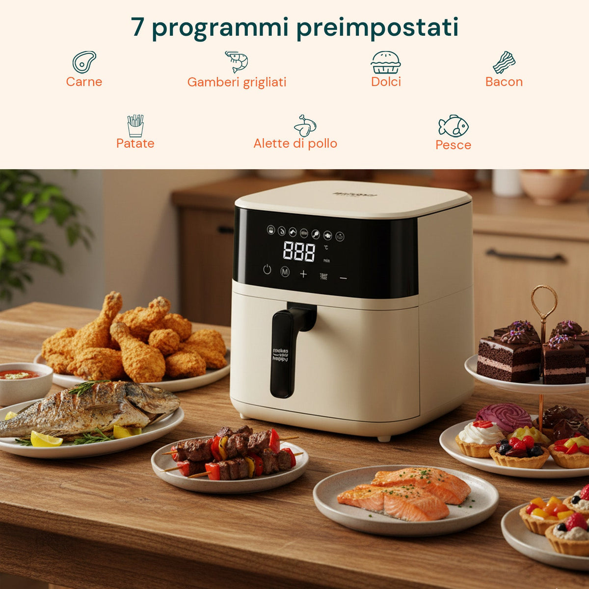 Friggitrice ad Aria 4,5L con Display LED Touch e 7 Programmi di Cottura 1400W
