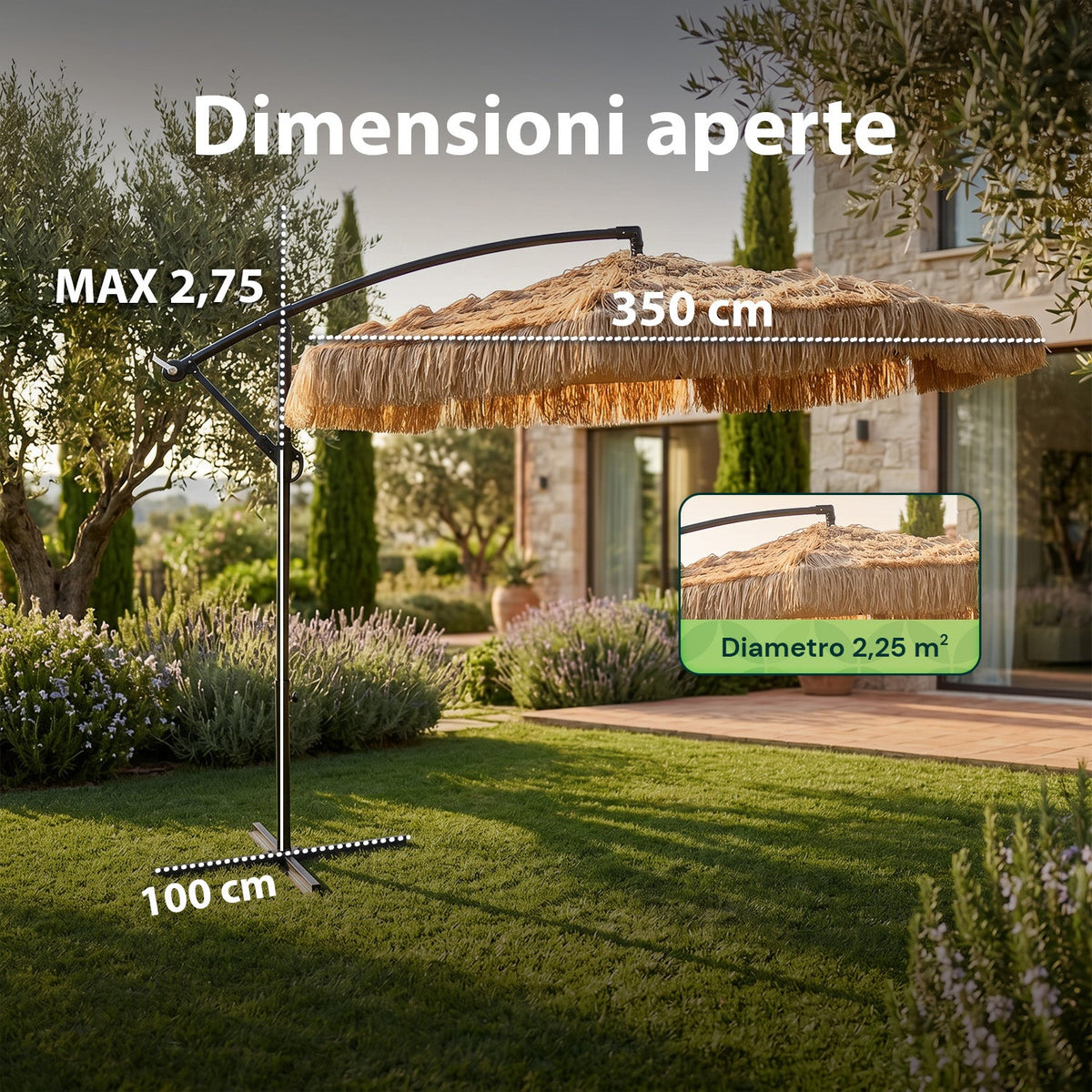 Ombrellone Lampara da Giardino Effetto Rafia – Altezza 2,75m con Struttura in Acciaio al Carbonio con Manovella e Sostegno a Croce