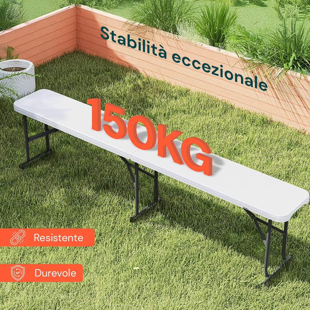 Panca Pieghevole Bianca 180x28x44cm – Modello Stilo da Giardino o Casa