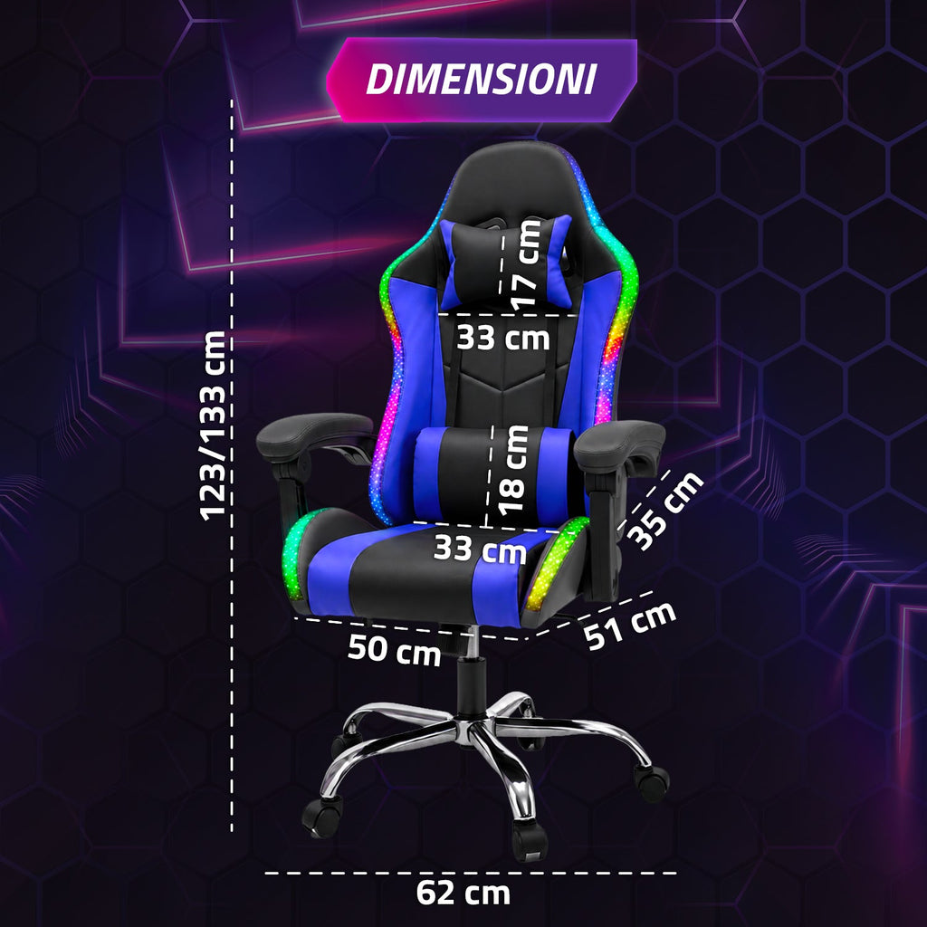 Sedia Gaming Ergonomica con Luci RGB e Cuscino Lombare Massaggiante, Poltrona Ufficio Reclinabile con Telecomando