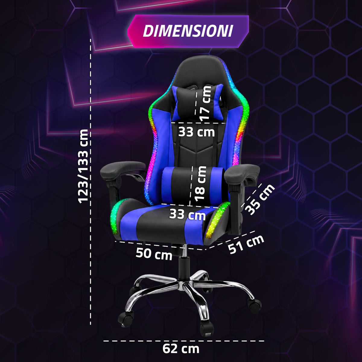 Sedia Gaming Ergonomica con Luci RGB e Cuscino Lombare Massaggiante, Poltrona Ufficio Reclinabile con Telecomando