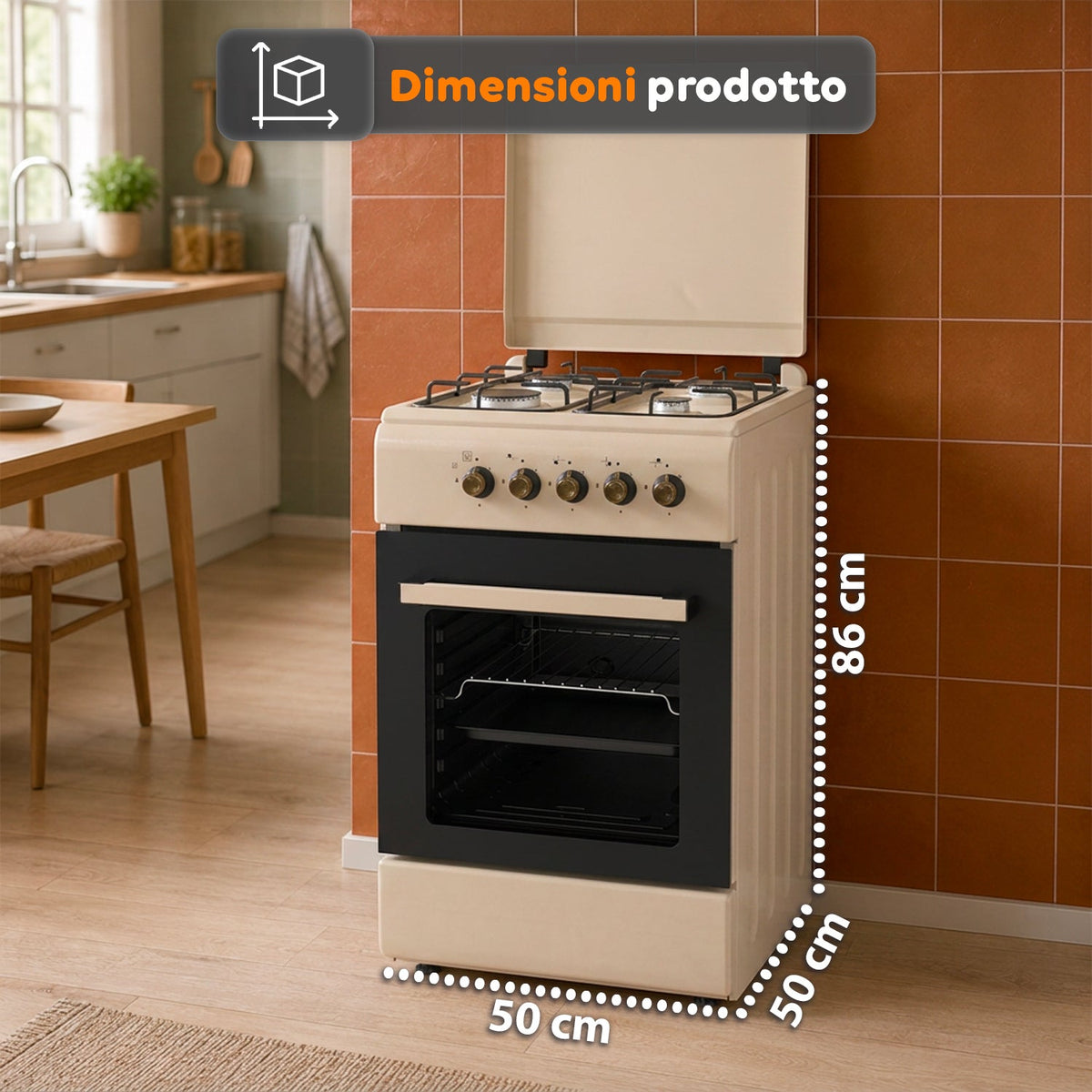 Cucina a Gas 50x50 cm con Forno a Gas 49 Litri, 4 Fuochi di Diversa Potenza, Valvole di Sicurezza e Coperchio