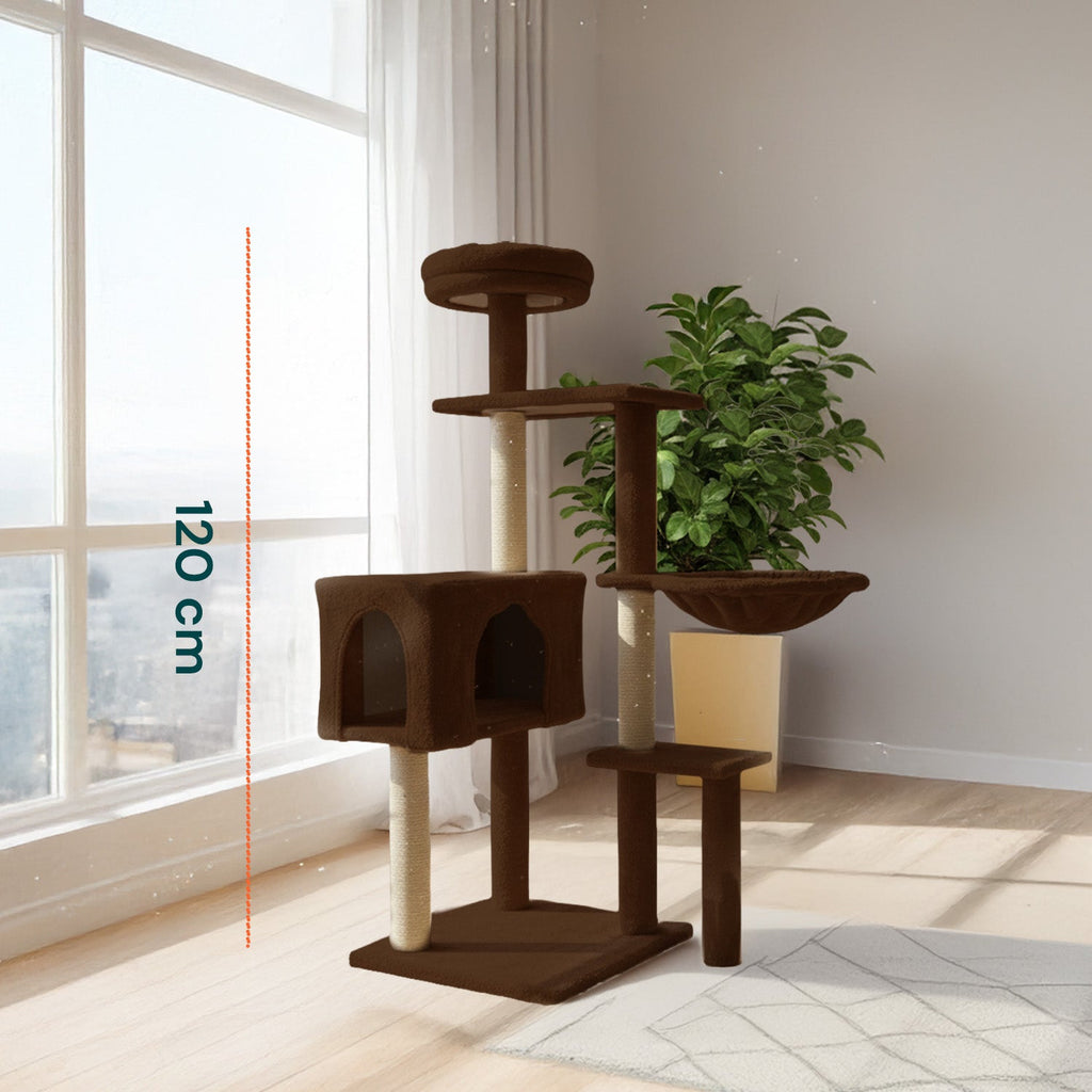 Tiragraffi per gatti 120 cm con cuccia e amaca multilivello