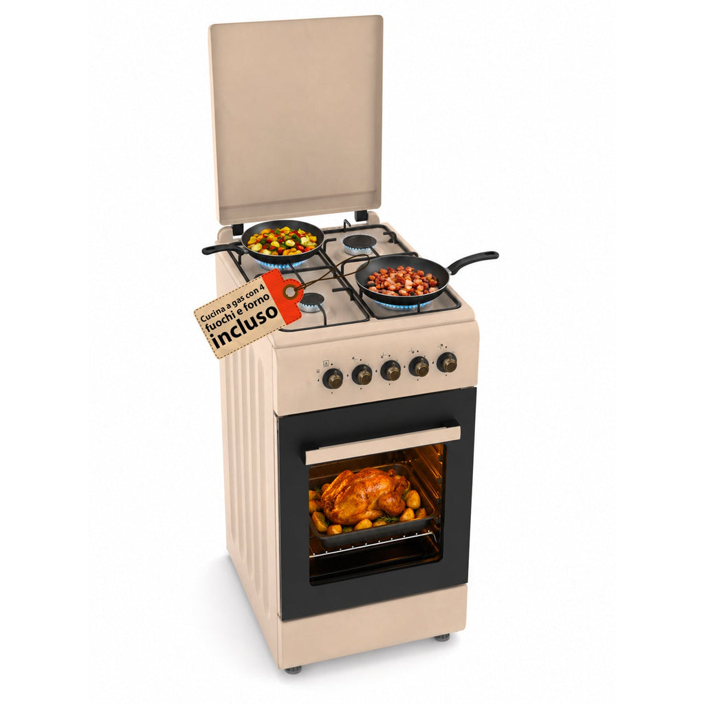 Cucina a Gas 50x50 cm con Forno a Gas 49 Litri, 4 Fuochi di Diversa Potenza, Valvole di Sicurezza e Coperchio