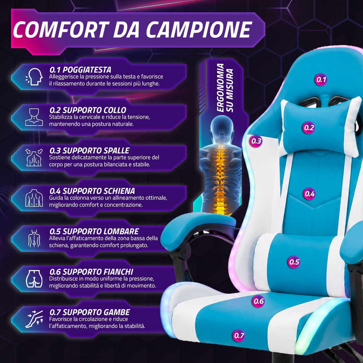 Sedia Gaming Ergonomica con Luci RGB e Cuscino Lombare Massaggiante, Poltrona Ufficio Reclinabile con Telecomando