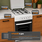 Cucina a Gas 50x50 cm con Forno a Gas 49 Litri, 4 Fuochi di Diversa Potenza, Valvole di Sicurezza e Coperchio