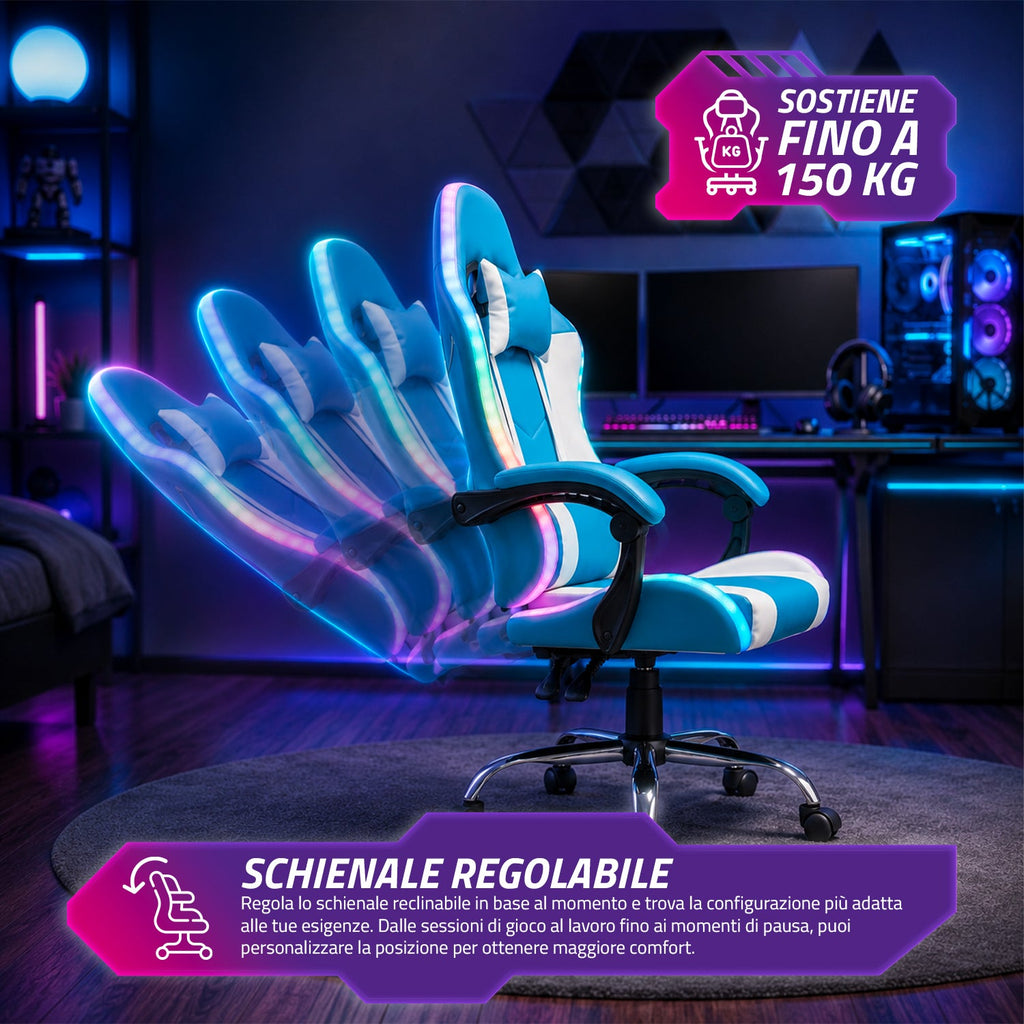 Sedia Gaming Ergonomica con Luci RGB e Cuscino Lombare Massaggiante, Poltrona Ufficio Reclinabile con Telecomando