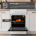 Cucina a Gas 50x50 cm con Forno a Gas 49 Litri, 4 Fuochi di Diversa Potenza, Valvole di Sicurezza e Coperchio