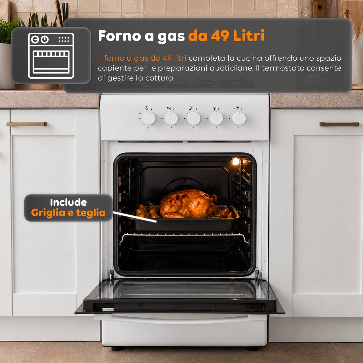 Cucina a Gas 50x50 cm con Forno a Gas 49 Litri, 4 Fuochi di Diversa Potenza, Valvole di Sicurezza e Coperchio