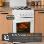 Cucina a Gas 50x50 cm con Forno a Gas 49 Litri, 4 Fuochi di Diversa Potenza, Valvole di Sicurezza e Coperchio