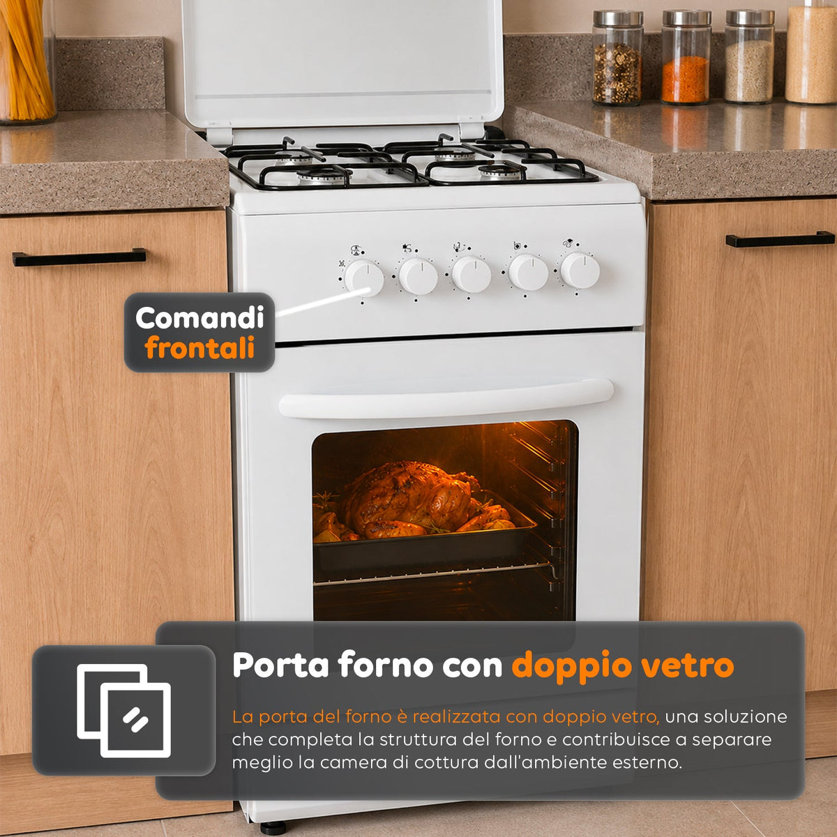Cucina a Gas 50x50 cm con Forno a Gas 49 Litri, 4 Fuochi di Diversa Potenza, Valvole di Sicurezza e Coperchio