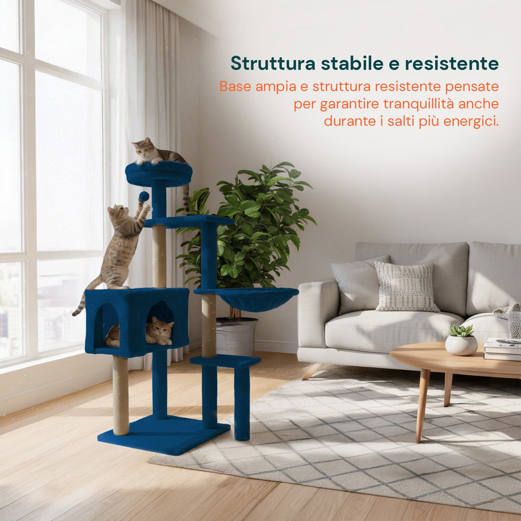 Tiragraffi per gatti 120 cm con cuccia e amaca multilivello