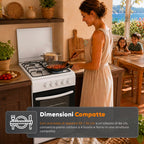 Cucina a Gas 50x50 cm con Forno a Gas 49 Litri, 4 Fuochi di Diversa Potenza, Valvole di Sicurezza e Coperchio