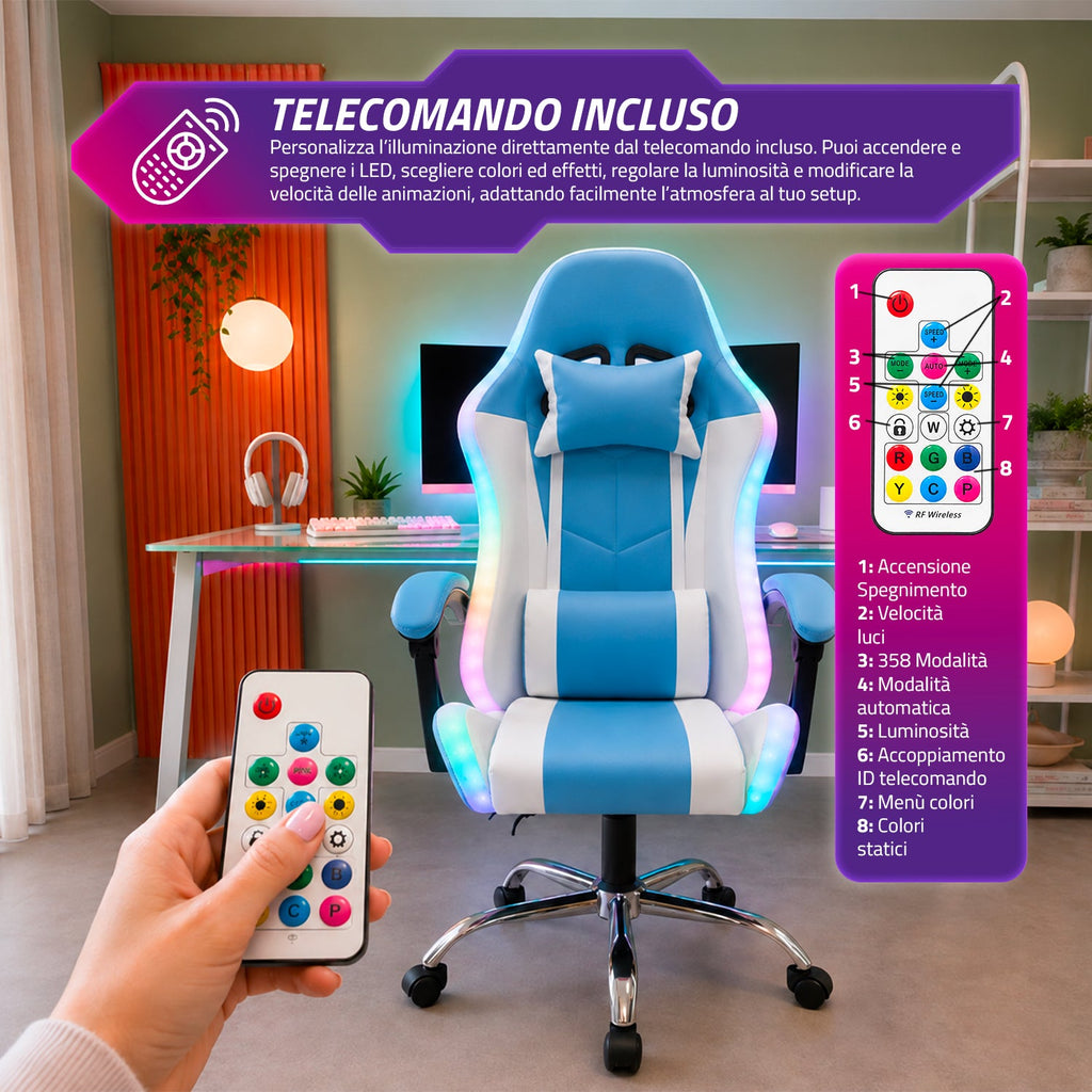 Sedia Gaming Ergonomica con Luci RGB e Cuscino Lombare Massaggiante, Poltrona Ufficio Reclinabile con Telecomando